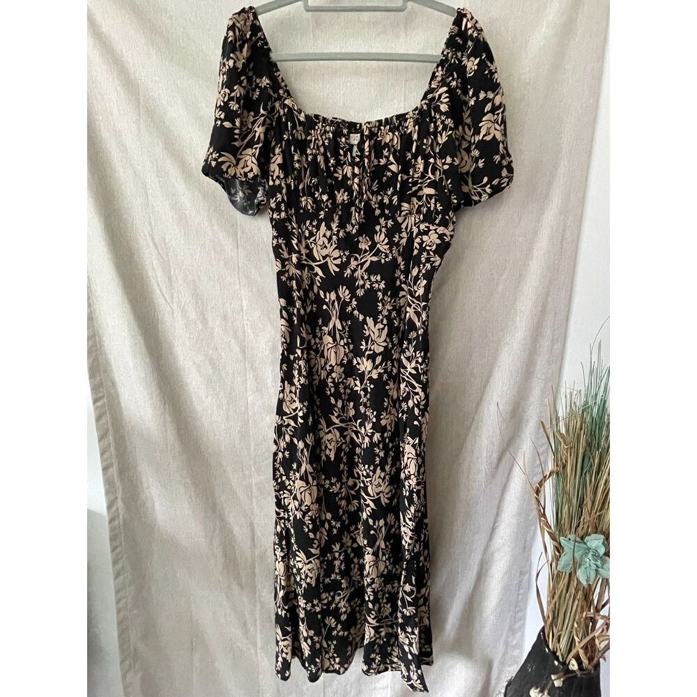 A New Day Black Tan Floral Puff Sleeve Smocked Back Midi Dress Medium M